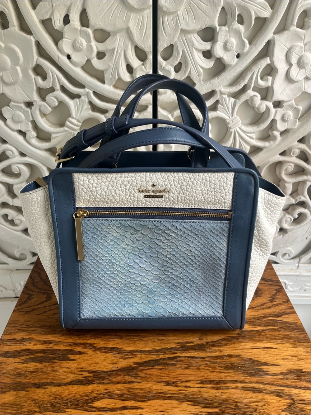 Kate Spade New York Blue & Cream Leather Snakeskin Satchel Crossbody Bag